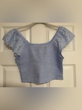 Universal Thread Light Blue Smocked Crop Top with Eyelet Sleeves
